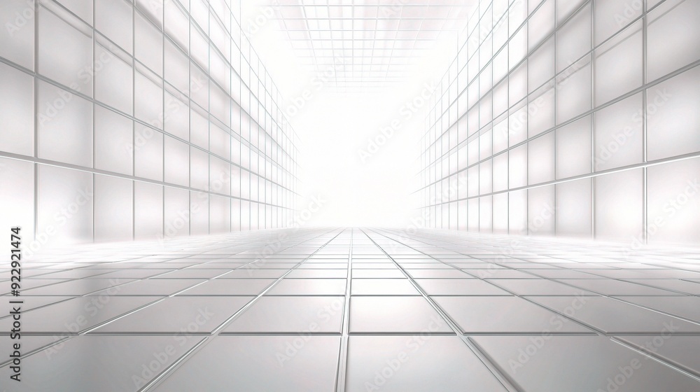 Obraz premium Infinite Corridor: A Journey of Light and Space - Modern architecture's pristine white tiles guide the eye through a luminous tunnel, promising endless possibilities and a bright future. 