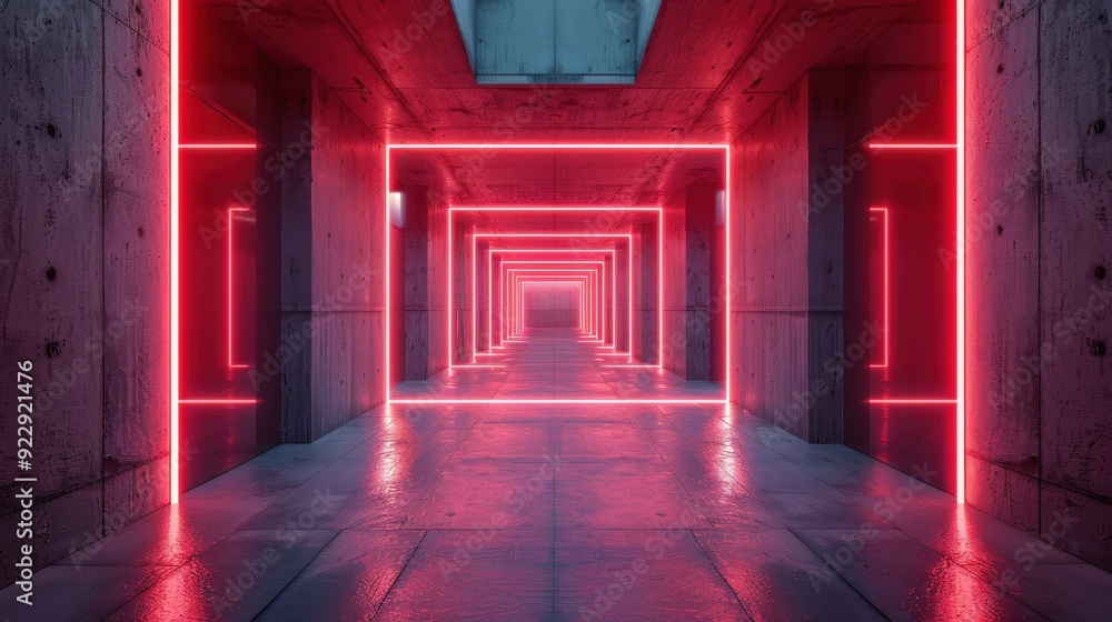 Produce a visual of a sleek concrete corridor illuminated by red neon lights, highlighting a contemporary atmosphere Produce a visual of a sleek concrete corridor illuminated by red neon lights, highlighting a contemporary atmosphere