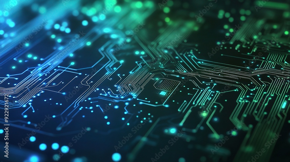 Circuitry Glow: A mesmerizing close-up of a circuit board bathed in vibrant blue and green light, showcasing the intricate pathways and glowing nodes of modern technology. Circuitry Glow: A mesmerizing close-up of a circuit board bathed in vibrant blue and green light, showcasing the intricate pathways and glowing nodes of modern technology.