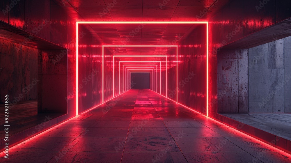 Design a visual of a high-tech concrete corridor illuminated by red neon lights, showcasing a sleek design Design a visual of a high-tech concrete corridor illuminated by red neon lights, showcasing a sleek design