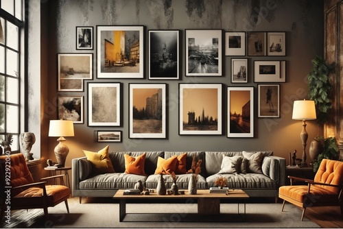 Living Room with Art Gallery Wall and Orange Accents