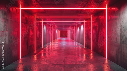 Design an image of a modern concrete corridor bathed in the glow of red neon lights, highlighting a stylish vibe