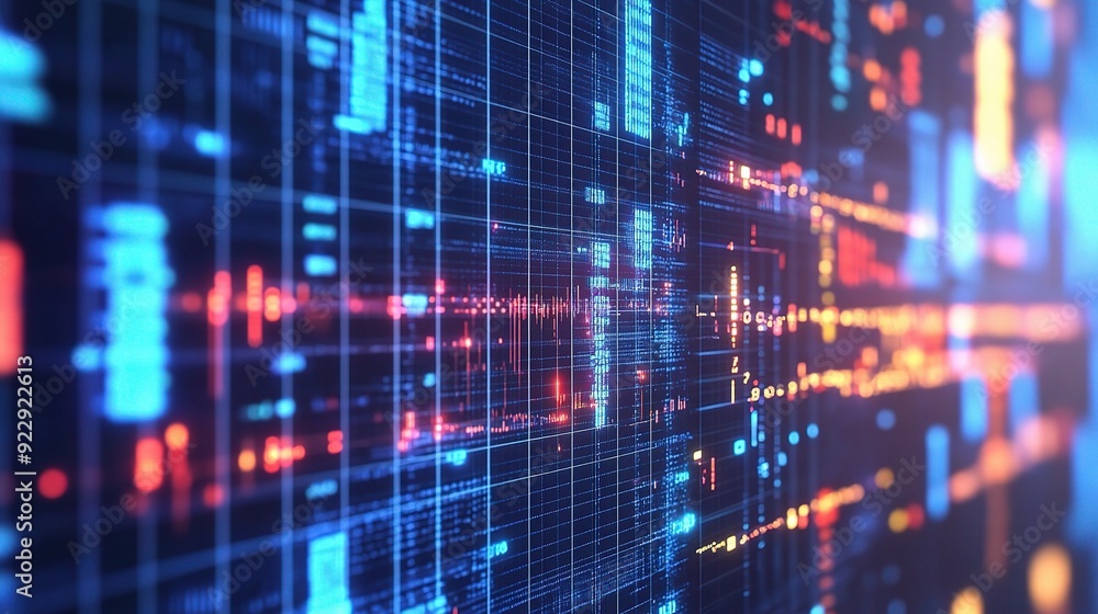 Digital Matrix Symphony: A mesmerizing spectacle of data visualization, with vibrant hues of blue, red, and orange dancing across a dark background