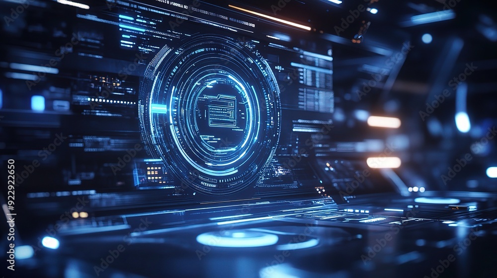 Cybernetic Command Center: A futuristic holographic interface pulsates with data, showcasing the intricate workings of a high-tech control room. Cybernetic Command Center: A futuristic holographic interface pulsates with data, showcasing the intricate workings of a high-tech control room.