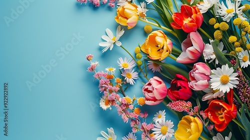 Bouquet of beautiful spring flowers on blue background