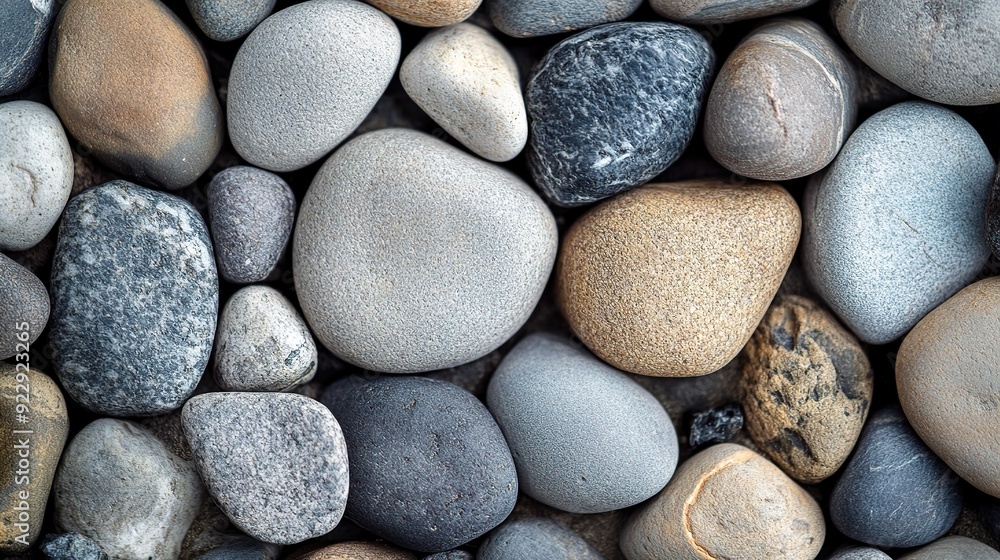 Smooth Stones Texture: A close-up, top-down view of a collection of smooth, rounded stones in various shades of gray, brown, and white. Smooth Stones Texture: A close-up, top-down view of a collection of smooth, rounded stones in various shades of gray, brown, and white.