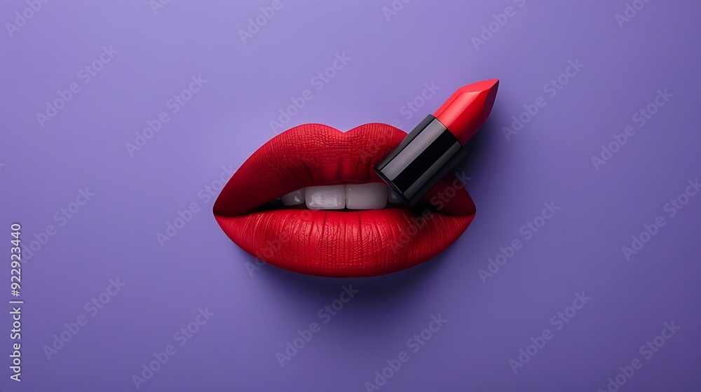 Obraz premium Bright red plastic female lips and a hygienic lipstick on purple background