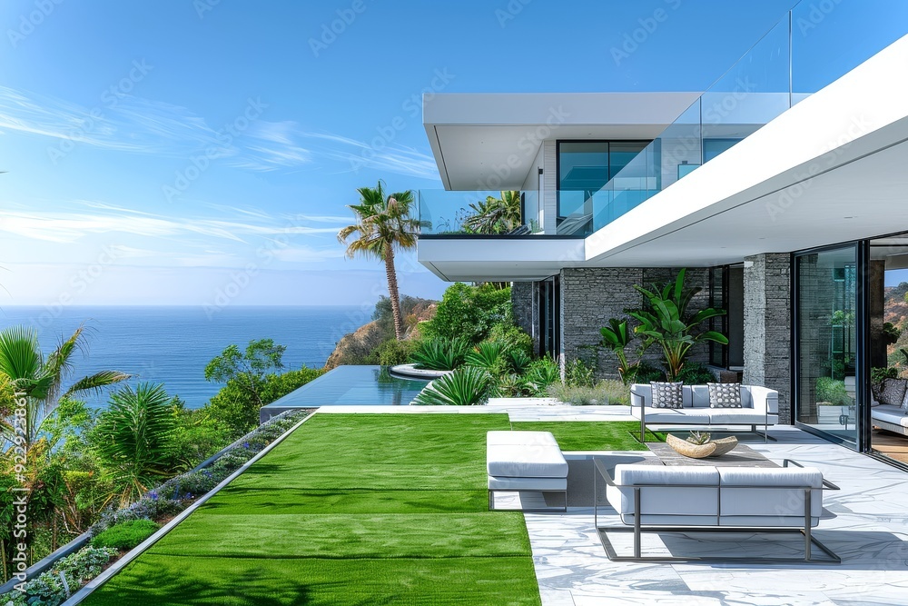 Los Angeles Oceanfront Yard with Artificial Grass, Modern Furniture, and Sleek Architectural Design Los Angeles Oceanfront Yard with Artificial Grass, Modern Furniture, and Sleek Architectural Design