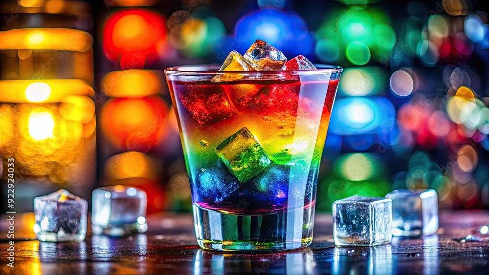 Close-up of a colorful cocktail with vibrant layers of ingredients and glistening ice cubes , cocktail, vibrant Close-up of a colorful cocktail with vibrant layers of ingredients and glistening ice cubes , cocktail, vibrant