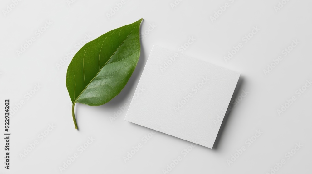 Blank white square card with green leaf on a white background. Blank white square card with green leaf on a white background.