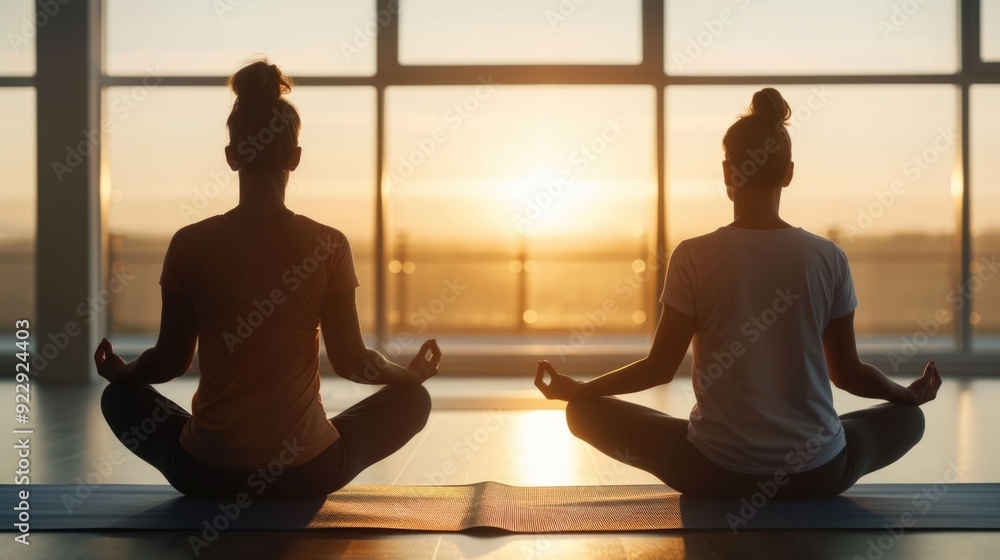Senior Couple Meditating and Doing Yoga Exercises Together in a Bright Room with Natural Lighting and Picturesque Scenery Visible Through the Window Senior Couple Meditating and Doing Yoga Exercises Together in a Bright Room with Natural Lighting and Picturesque Scenery Visible Through the Window