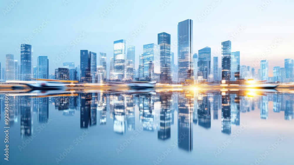 Fototapeta premium Stunning city skyline reflecting on calm water at dawn, showcasing modern architecture and vibrant urban life.