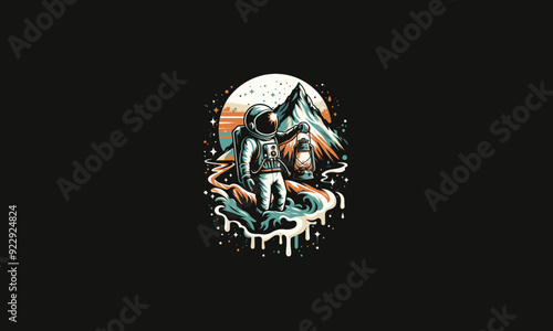 astronaut holding lantern on forest vector artwork design