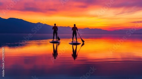 Two paddleboarders gliding on a tranquil lake at sunset, surrounded by vibrant colors and serene mountains. photo