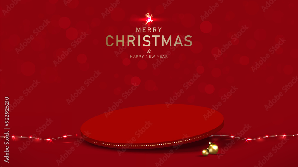 Naklejka premium Christmas background with pedestal tilted and light decorative for product display on Red shine background. Vector illustration.