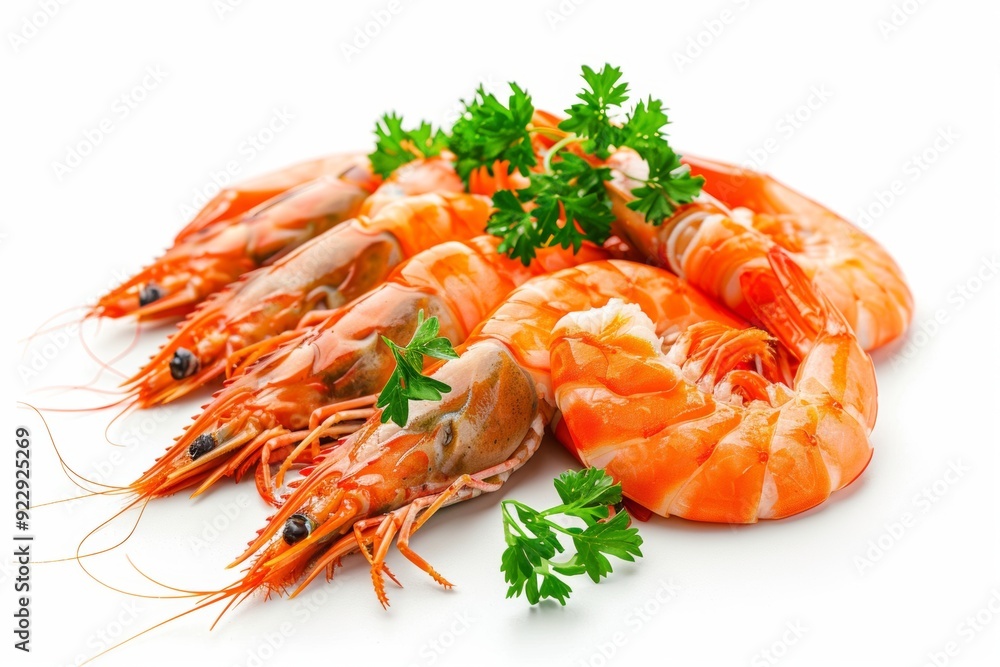 Freshly cooked shrimp garnished with parsley, ready to be served on a clean white background during a culinary showcase. Generative AI Freshly cooked shrimp garnished with parsley, ready to be served on a clean white background during a culinary showcase. Generative AI
