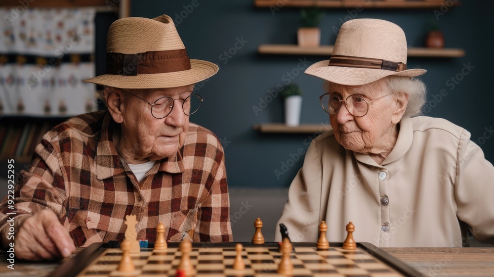 Senior Couple Enjoying a Stimulating Game of Chess at Home Elderly Man and Woman Playing Board Game Together in Cozy Living Room Setting Senior Couple Enjoying a Stimulating Game of Chess at Home Elderly Man and Woman Playing Board Game Together in Cozy Living Room Setting