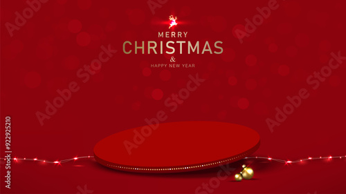 Christmas background with pedestal tilted and light decorative for product display on Red shine background. Vector illustration.
