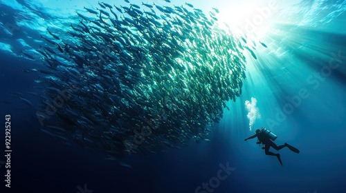 Diver encountering a massive school of sardines in the deep sea