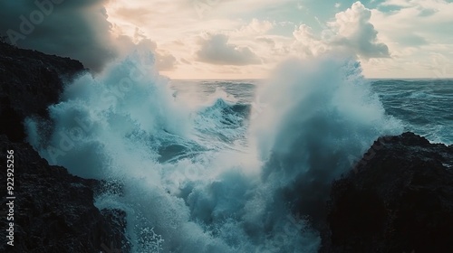 Ocean's Fury: A breathtaking aerial view of powerful waves crashing against jagged rocks, creating a mesmerizing spectacle of nature's raw power. 