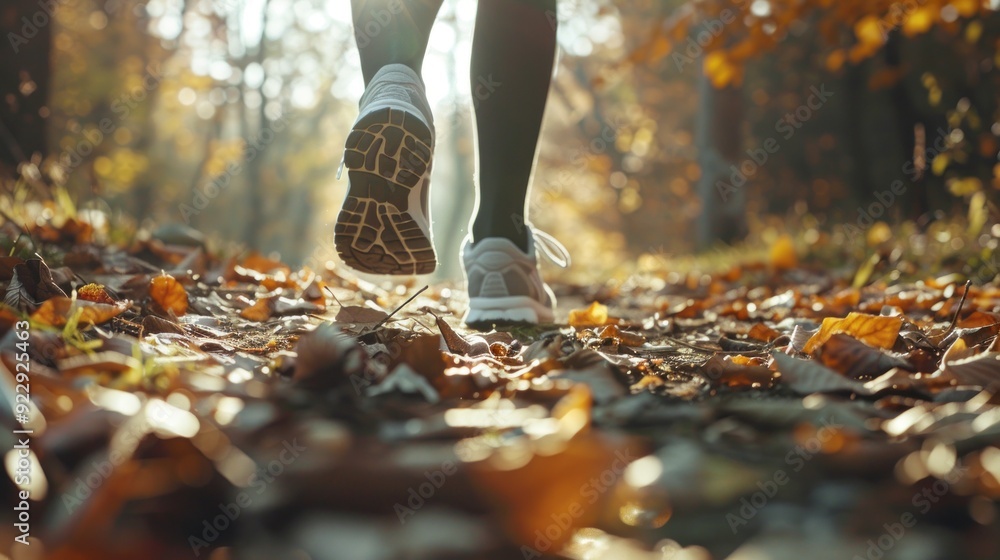 Autumn Trail Running: A Runner's Feet on a Leaf-Covered Path Autumn Trail Running: A Runner's Feet on a Leaf-Covered Path