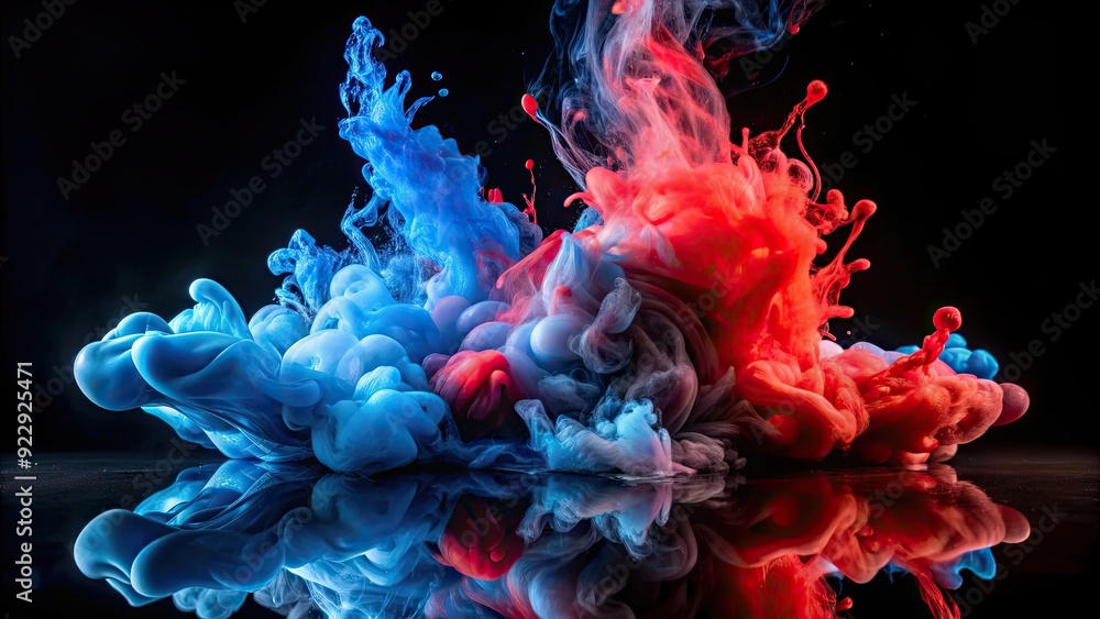 Obraz premium Acrylic blue and red colors blending in water creating an ink blot on an abstract black background, acrylic, blue