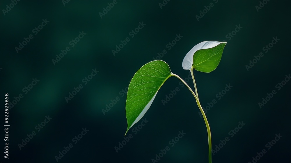 A single, slender green stem with two leaves on a dark green background. A single, slender green stem with two leaves on a dark green background.