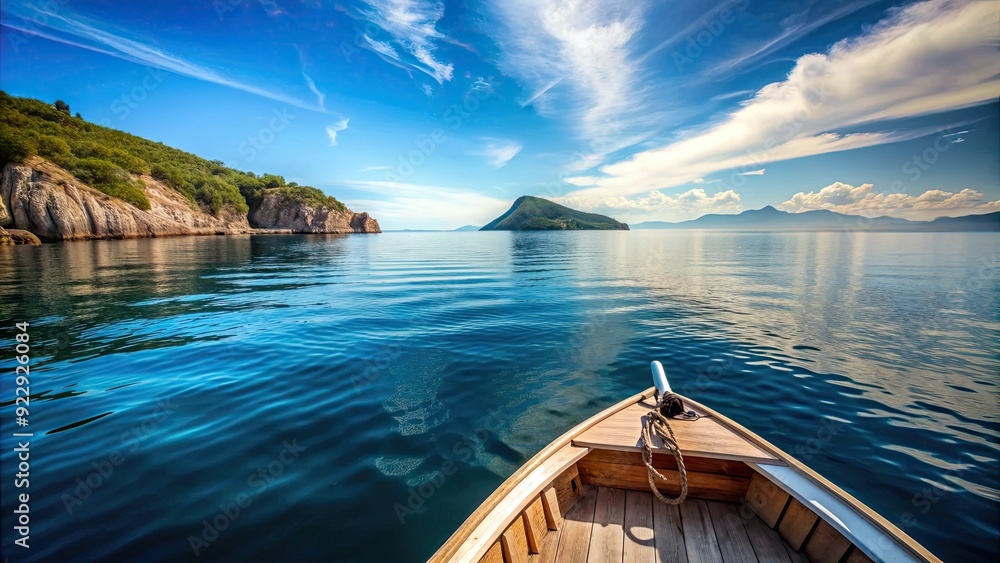Fototapeta premium A serene view of the coastline as seen from a boat on the sea, ocean, water, horizon, waves, nature, peaceful, tranquil