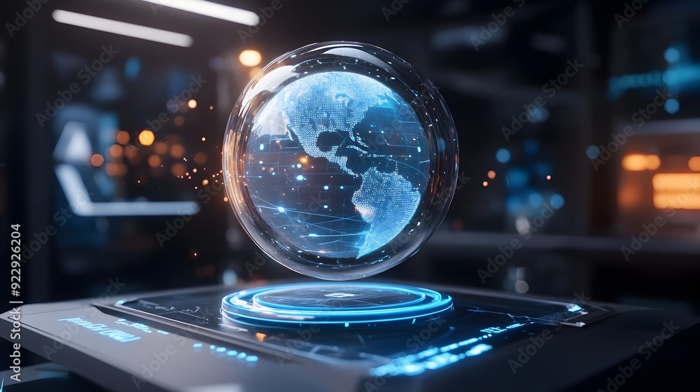 Futuristic 3D Holographic Globe Displaying Real Time Global Data and Search Queries Futuristic 3D Holographic Globe Displaying Real Time Global Data and Search Queries