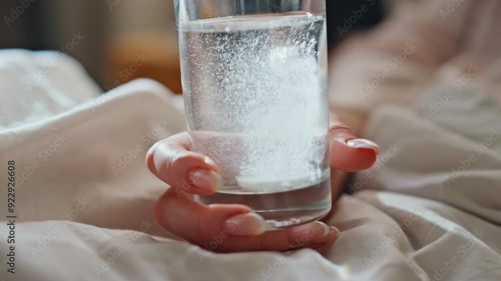 Hand holding aspirin glass at bed closeup. Effervescent tablet bubbling water Hand holding aspirin glass at bed closeup. Effervescent tablet bubbling water