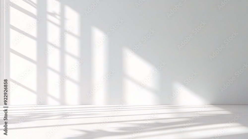 Obraz premium Sunlit Minimalism: A pristine white room bathed in the soft glow of windowpane shadows.