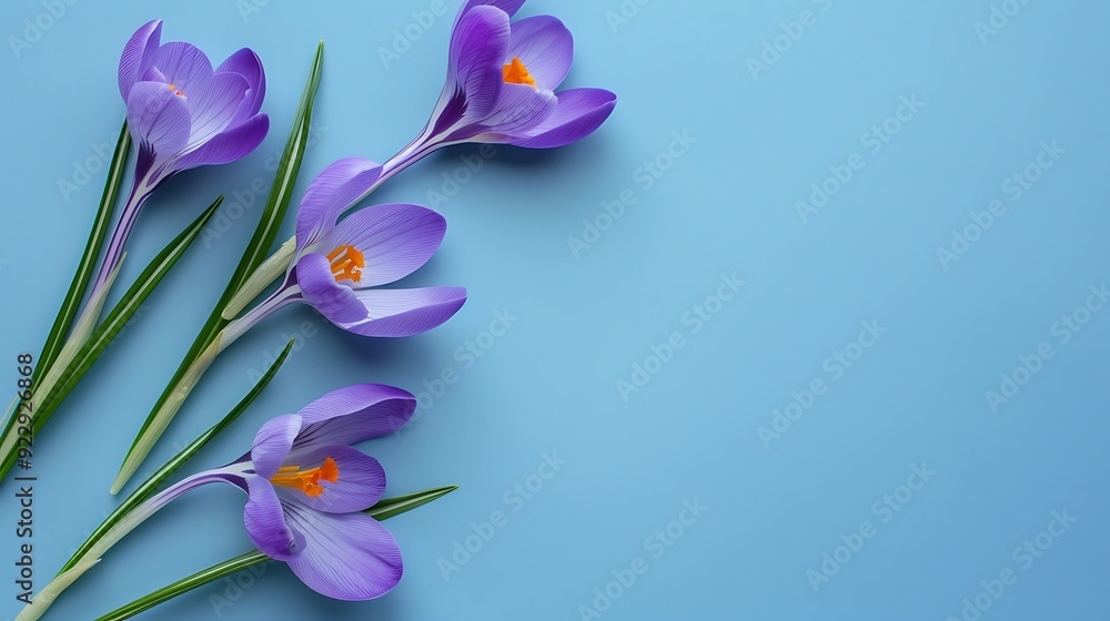 Naklejka premium Crocus flowers on stem with leaves on blue background