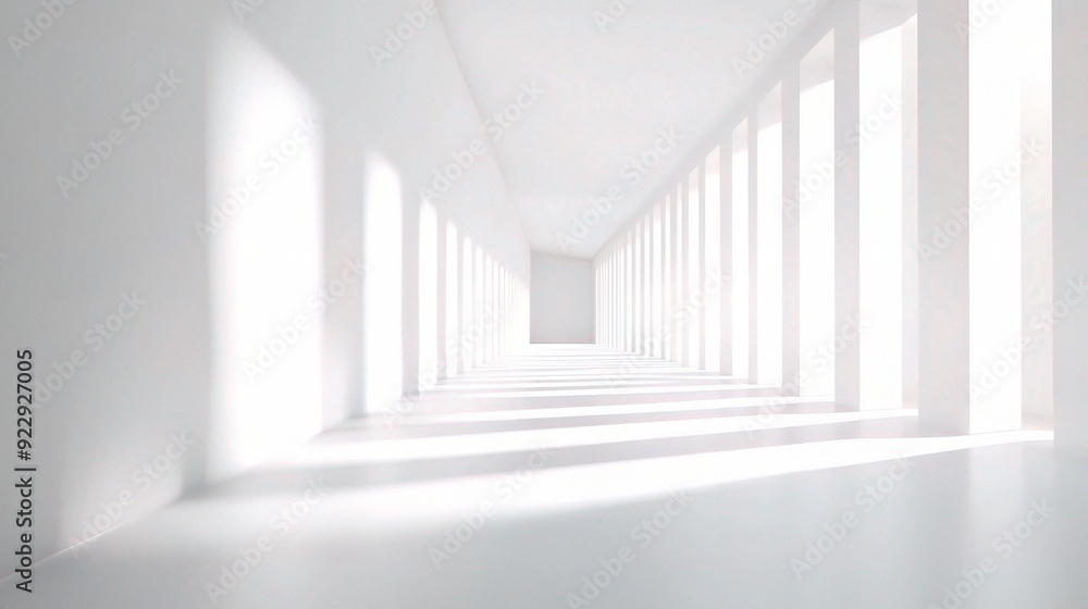 Obraz premium White Hallway Perspective: A minimalist and modern architectural hallway, bathed in soft light, creates a sense of depth and endless possibility. 