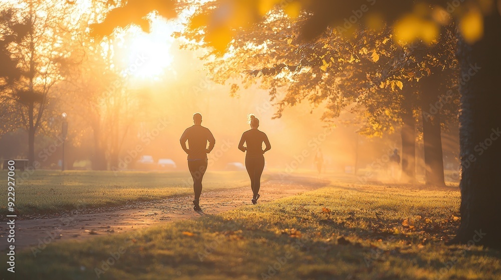 Fototapeta premium Morning joggers in a park with the sun rising