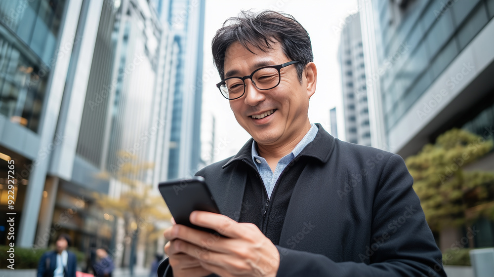 都市の中でスマホを見るビジネスマン 都市の中でスマホを見るビジネスマン