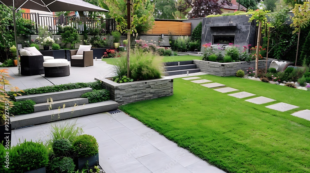 Design ideas for a modern beautifully landscaped backyard garden Stock ...