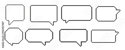 Set of white speech bubbles in pixel art style