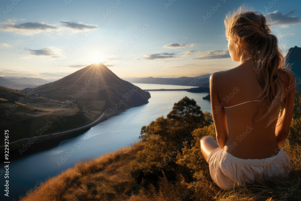 A woman is sitting on a hill overlooking a lake A woman is sitting on a hill overlooking a lake