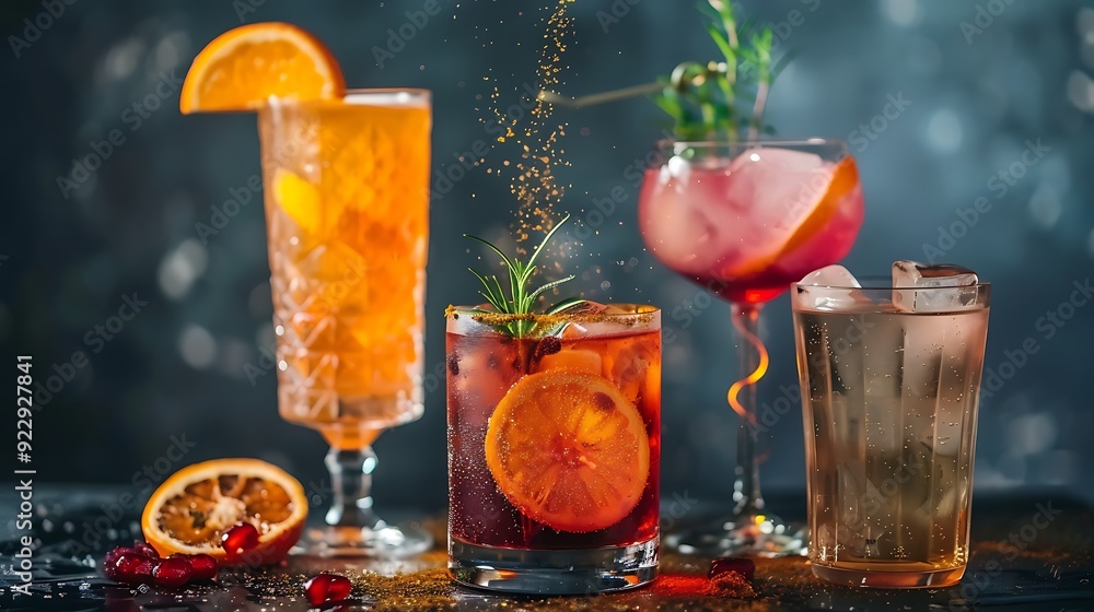 different beautiful cocktails in warm colors on a dark background different beautiful cocktails in warm colors on a dark background