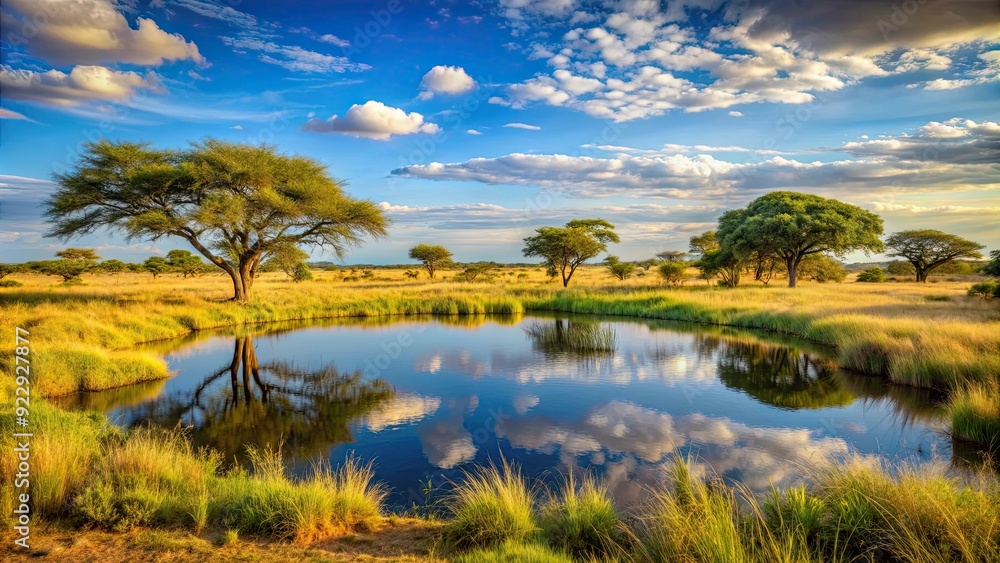 Idyllic landscape of a serene watering hole surrounded by lush savanna vegetation , Serene, Beautiful, Savanna Idyllic landscape of a serene watering hole surrounded by lush savanna vegetation , Serene, Beautiful, Savanna