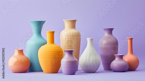 Different ceramic vases on purple background