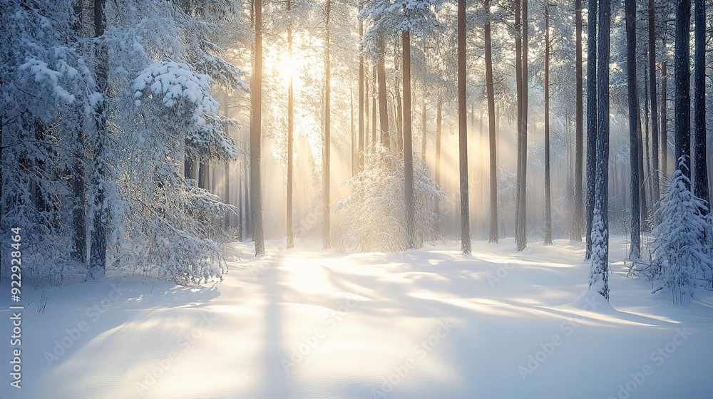 Golden Hour in a Winter Wonderland: Sunlight streams through snow-laden trees in a serene forest, casting long shadows on the pristine snow. Golden Hour in a Winter Wonderland: Sunlight streams through snow-laden trees in a serene forest, casting long shadows on the pristine snow.