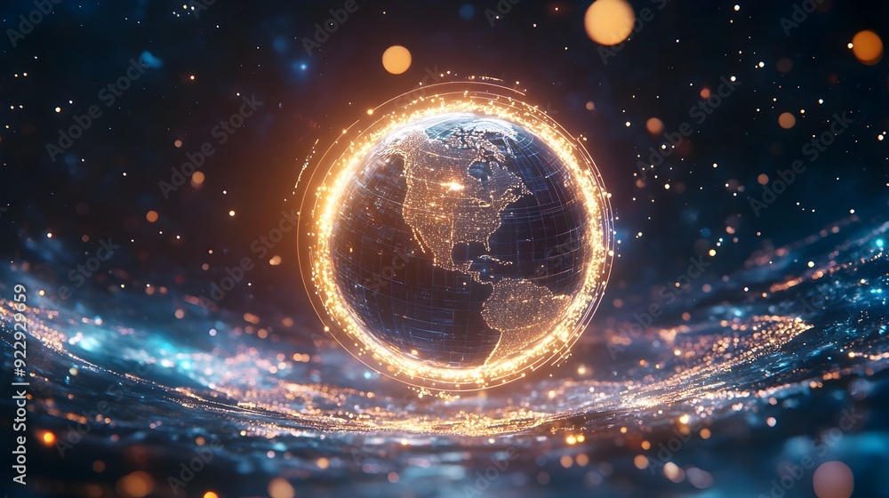 Glowing Digital Globe with Halo of Data Points Representing Divine Knowledge Access Glowing Digital Globe with Halo of Data Points Representing Divine Knowledge Access