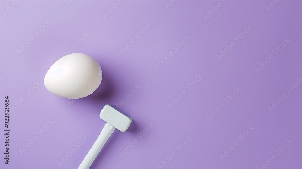 Flat lay of white egg and plastic hammer toy on purple background Flat lay of white egg and plastic hammer toy on purple background
