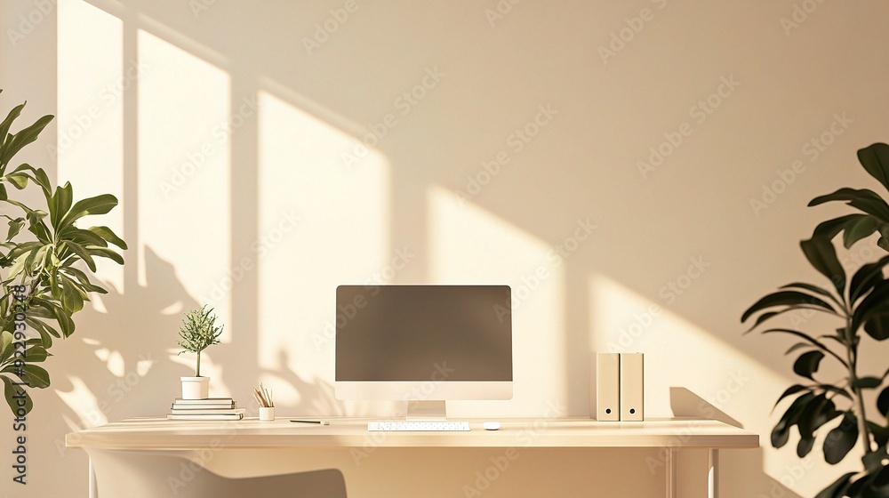 Sun-Drenched Minimalist Workspace: A serene home office bathed in warm sunlight, featuring a clean desk, lush plants, and a modern computer setup. Sun-Drenched Minimalist Workspace: A serene home office bathed in warm sunlight, featuring a clean desk, lush plants, and a modern computer setup.