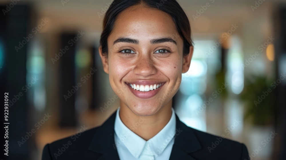 Smiling Corporate Receptionist or Hospitality Professional Warmly Greeting and Welcoming a Traveler or Customer in an Office Building Interior with Glass Windows and Blurred Background Smiling Corporate Receptionist or Hospitality Professional Warmly Greeting and Welcoming a Traveler or Customer in an Office Building Interior with Glass Windows and Blurred Background