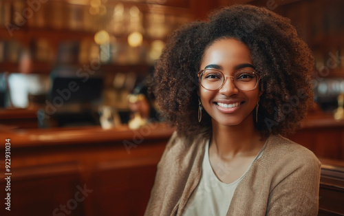 Happy young woman with glasses smiling in a bar