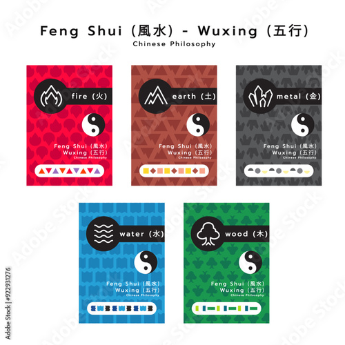 Feng shui icons on colorful card design. Illustration Feng Sui and isolated background. minimal icons and symbols vector flat cards. Chinese icons. Fengshui. Cover. Banner