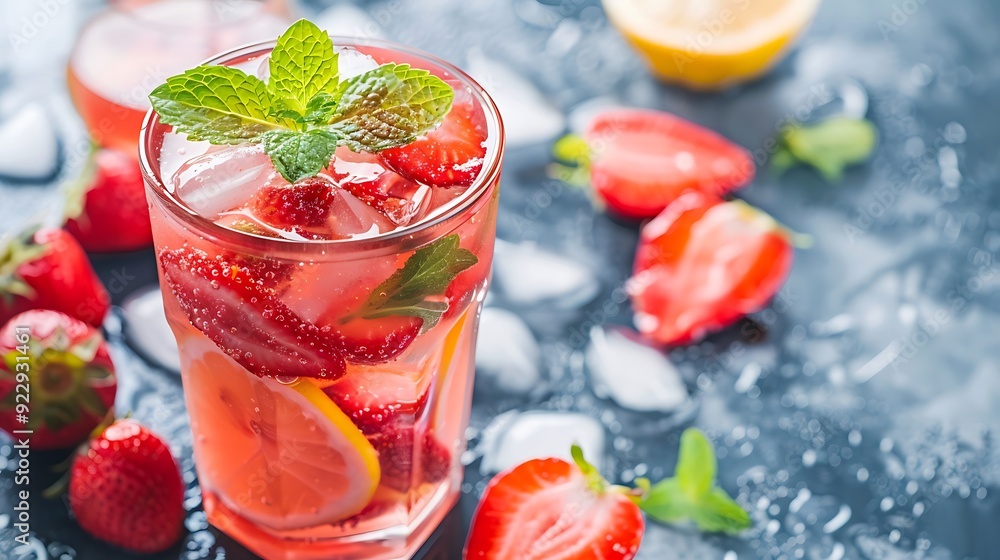 Fresh strawberry lemonade with ice and mint in glass on table Fresh strawberry lemonade with ice and mint in glass on table