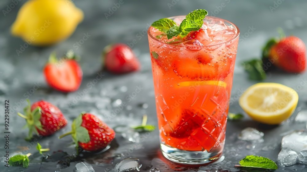 Fresh strawberry lemonade with ice and mint in glass on table Fresh strawberry lemonade with ice and mint in glass on table